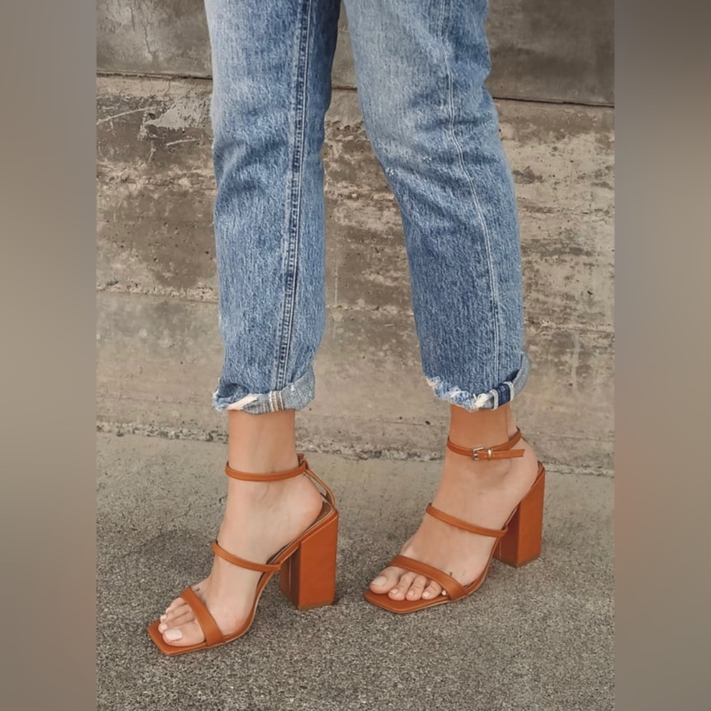 Camel block heels with gold accents!